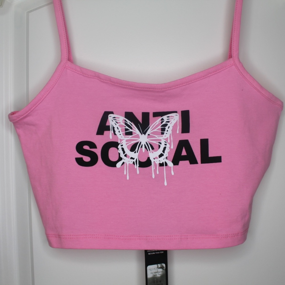 Anti Social Verbiage Spaghetti Strap w/Butterfly Cropped Tank